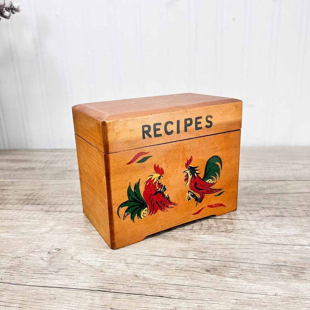 Vintage Wooden Recipe Box with Roosters - 1970's Kitchen Decor